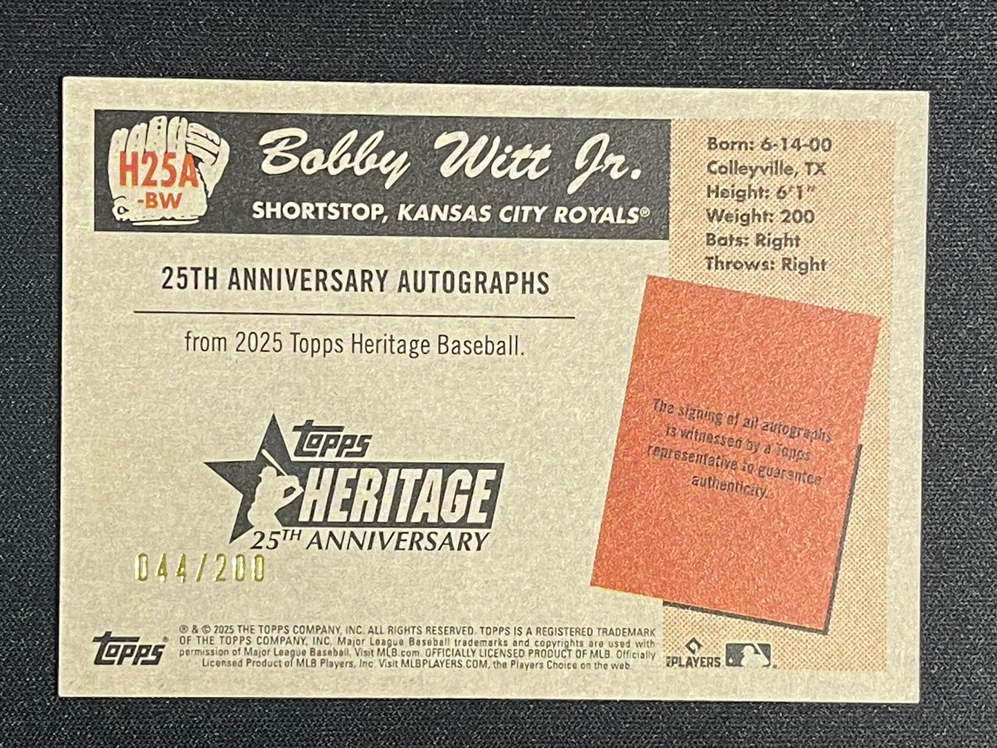2025 Heritage Bobby Witt Jr (On Card Auto) 44/200