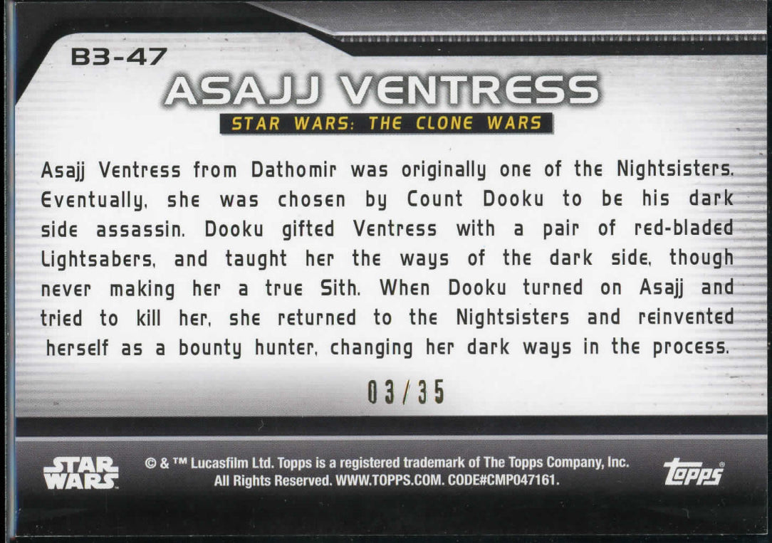 2021 Topps Star Wars Bounty Hunters #B3-47 Assaj Ventress Purple 03/35