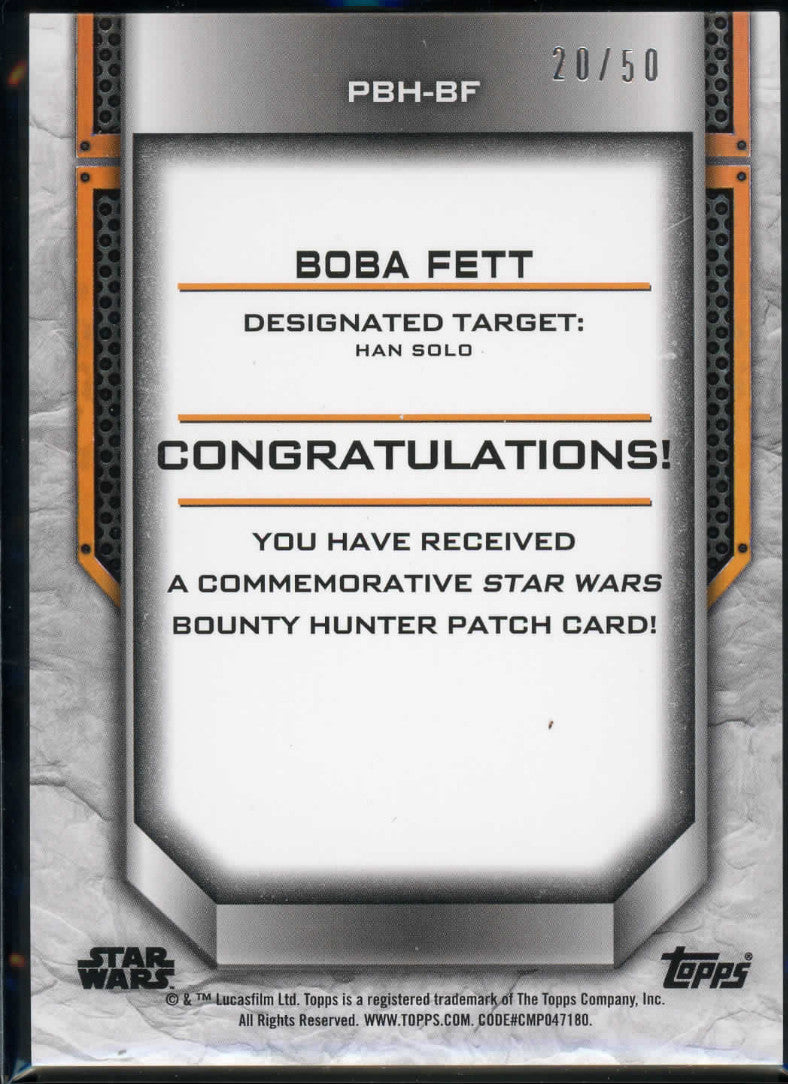 2021 Topps Star Wars Bounty Hunter Boba Fett Patch Purple Parallel 20/50 PBH-BF