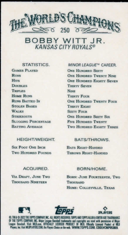 2022 Allen & Ginter Bobby Witt Jr Rookie Card Black Border Mini #250