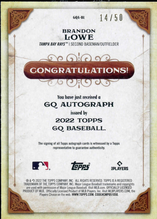 Brandon Lowe 2022 Topps Gypsy Queen Black & White on card Auto 14/50 #GQA-BL
