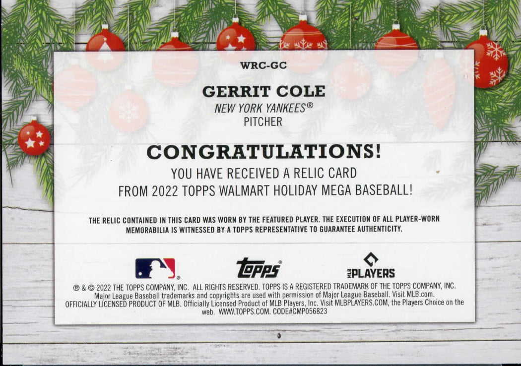 2022 Topps Holiday Gerrit Cole Holiday Relics Jersey Patch New York Yankees
