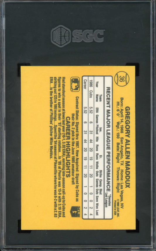 1987 DONRUSS #36 GREG MADDUX SGC NEAR MINT 8.5