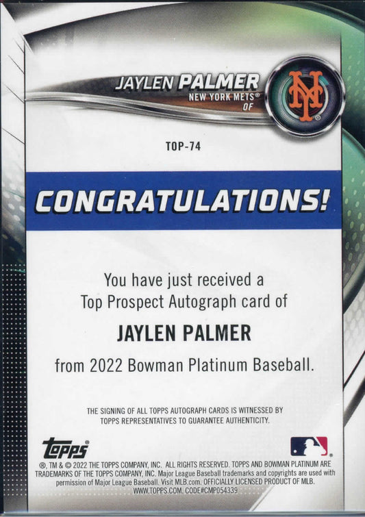 2022 Bowman Platinum Baseball Jaylen Palmer Auto New York Mets Prospects