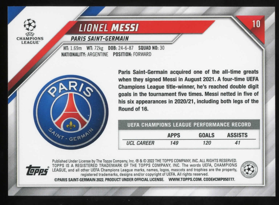 2022 Topps Champions League Lionel Messi Paris Saint-Germain