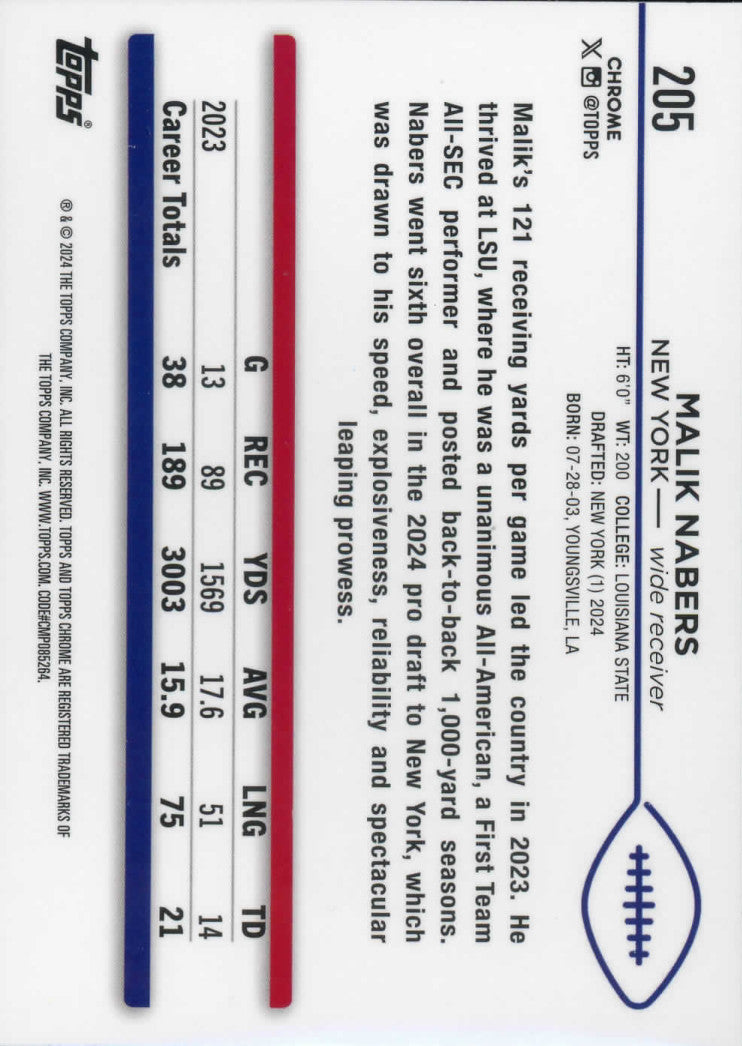 2024 Topps Chrome Football Malik Nabers X-Fractor RC #205