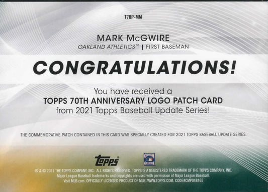 2021 Topps Commemorative 70th Anniversary Patch Mark McGwire