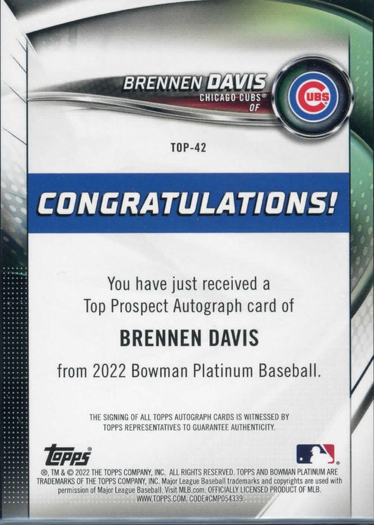 2022 Bowman Platinum Baseball Brennen Davis Auto Chicago Cubs