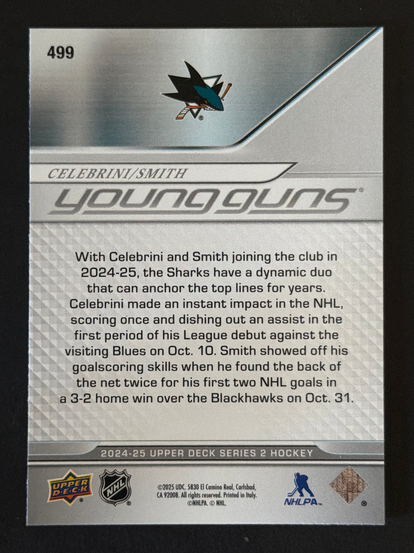 2025 Upper Deck Series 2  Young Guns Teammates Macklin Celebrini/Will Smith #499