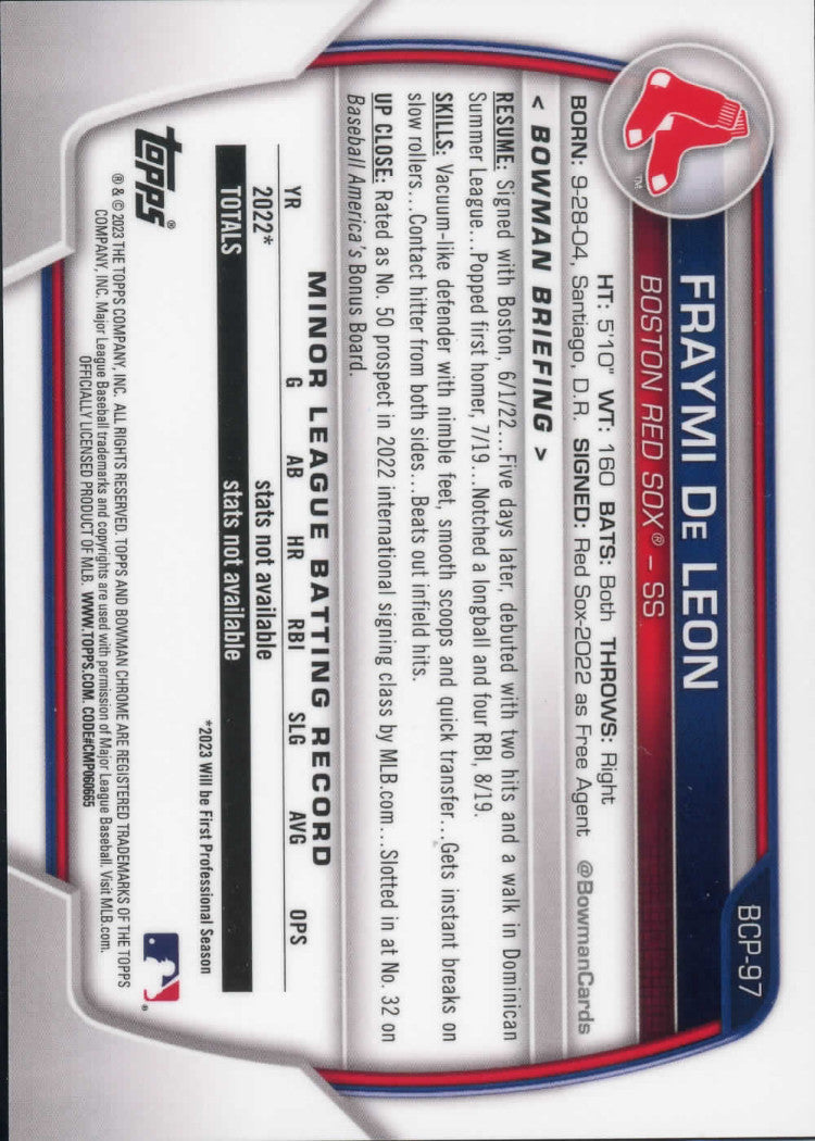 2023 Bowman Fraymi De Leon Bowman 1st Gold Parallel Boston Red Sox /50