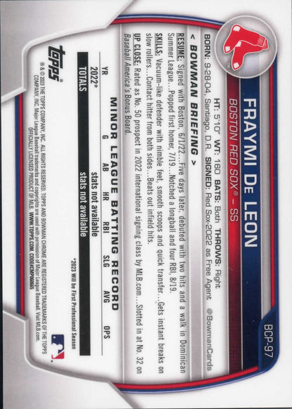2023 Bowman Fraymi De Leon Bowman 1st Gold Parallel Boston Red Sox /50