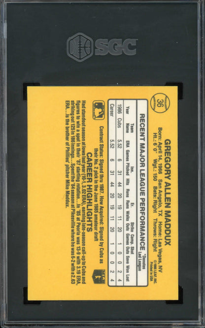 1987 DONRUSS #36 GREG MADDUX SGC NEAR MINT 8.5