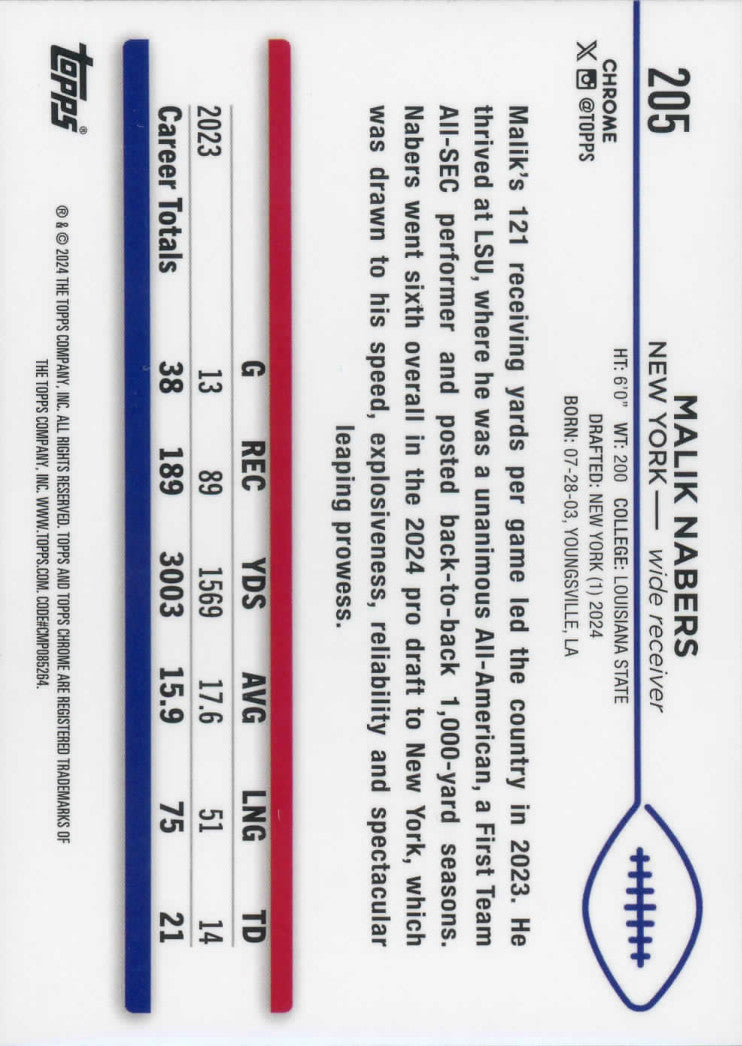 2024 Topps Chrome Football Malik Nabers RC #205