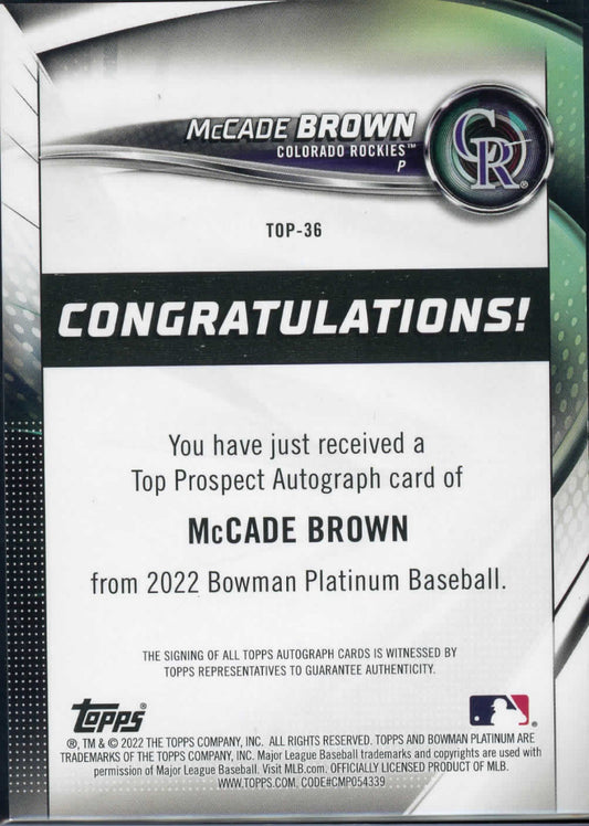 2022 Bowman Platinum Baseball McCade Brown Auto Colorado Rockies