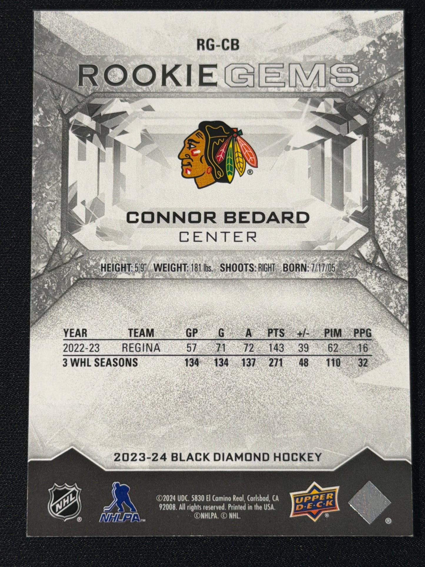 2023 Upper Deck Black Diamond Rookie Gems Connor Bedard