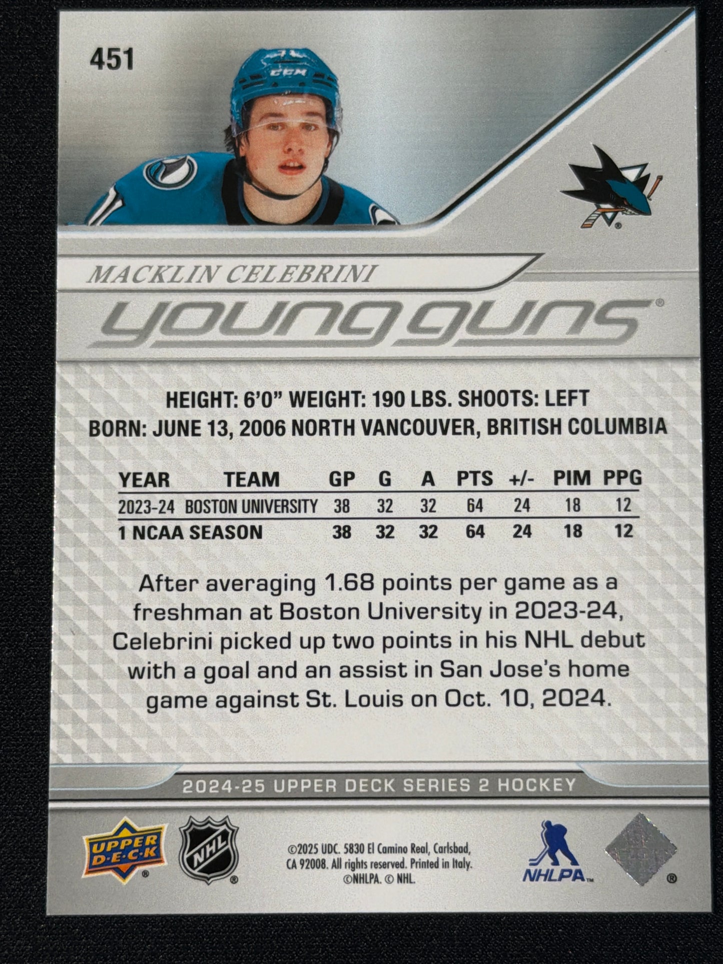 2024-25 UD Series 2 Young Guns Macklin Celebrini RC